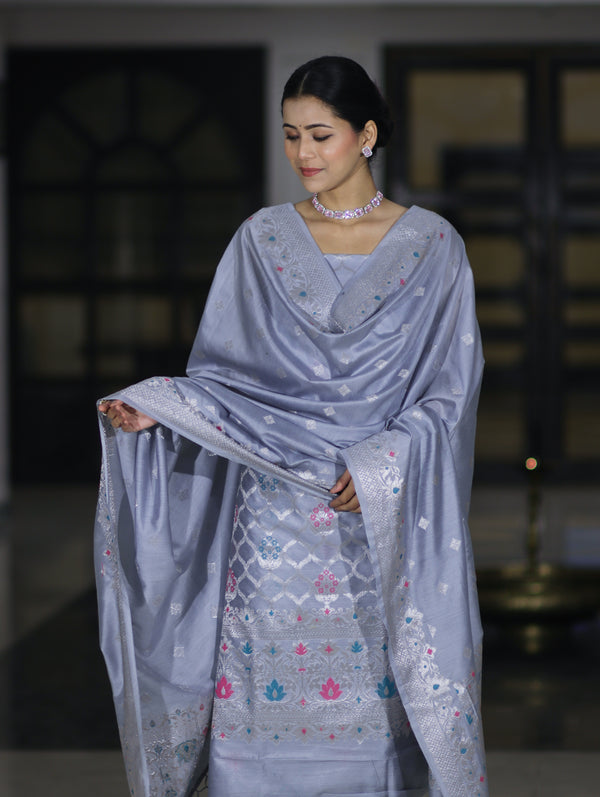 Banarasee Semi-Silk Silver Zari Work Salwar Kameez Fabric With Dupatta Set-Dusty Blue