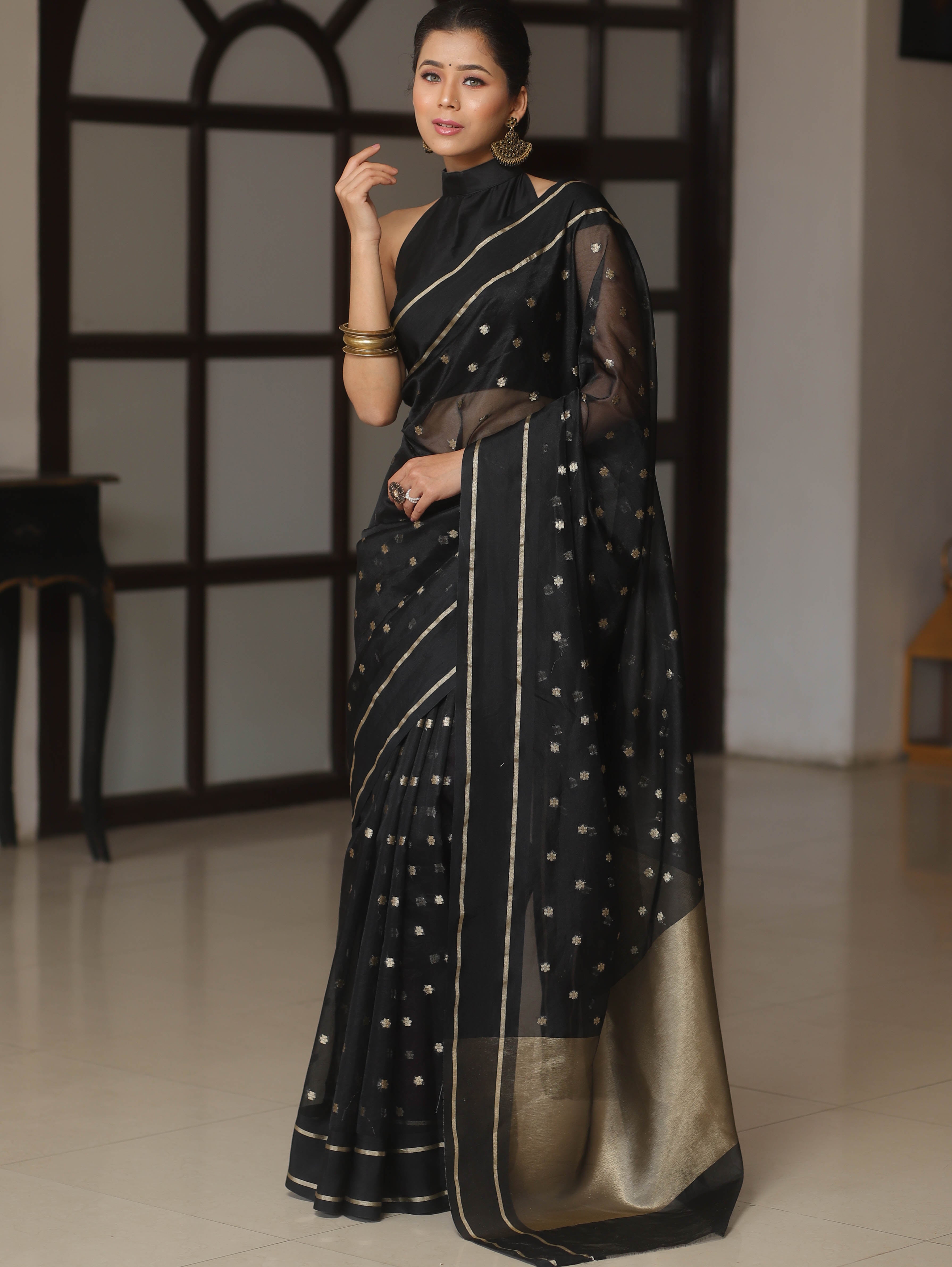 Banarasee Organza Saree With Zari Buti & Satin Border-Black