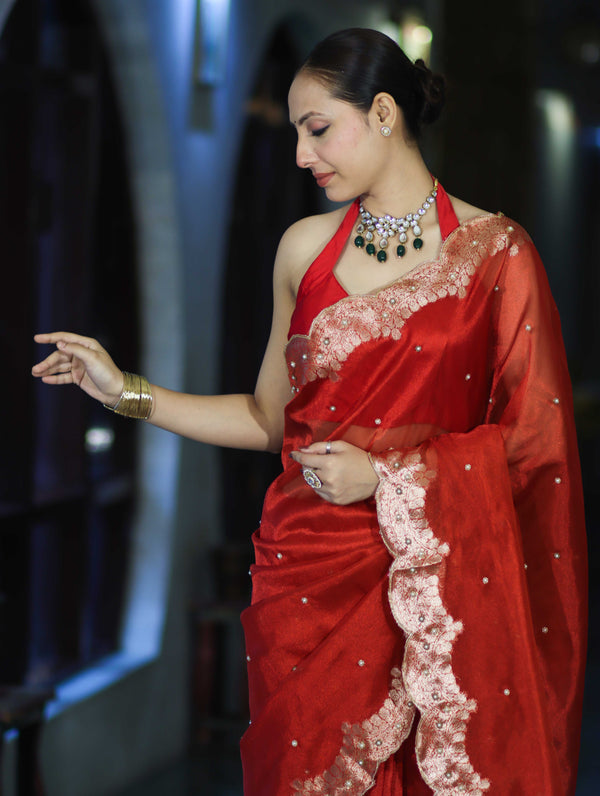 Banarasee Soft Tissue Saree With Handwork Pearl Motifs & Scallop Border-Red
