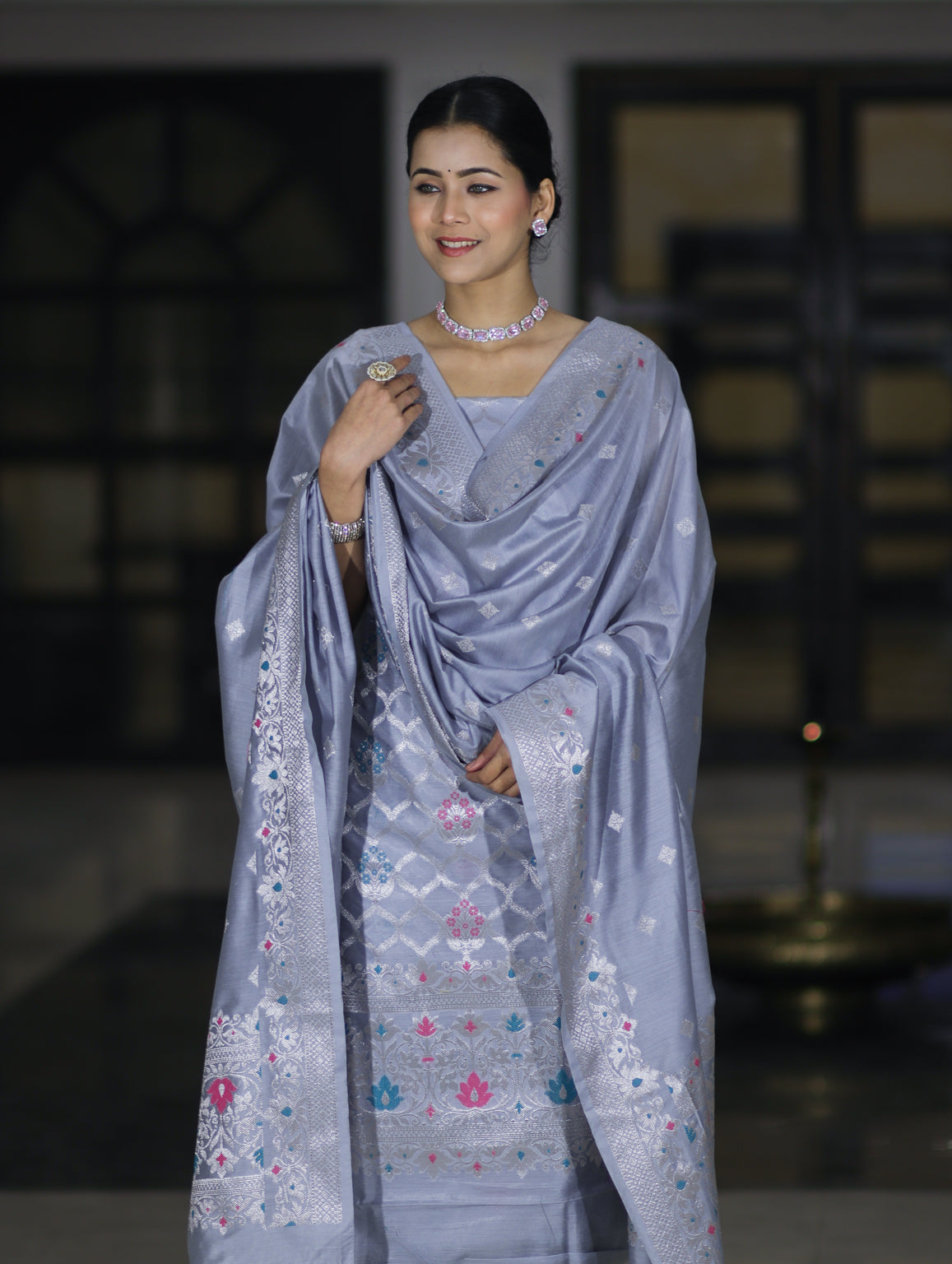 Banarasee Semi-Silk Silver Zari Work Salwar Kameez Fabric With Dupatta Set-Dusty Blue