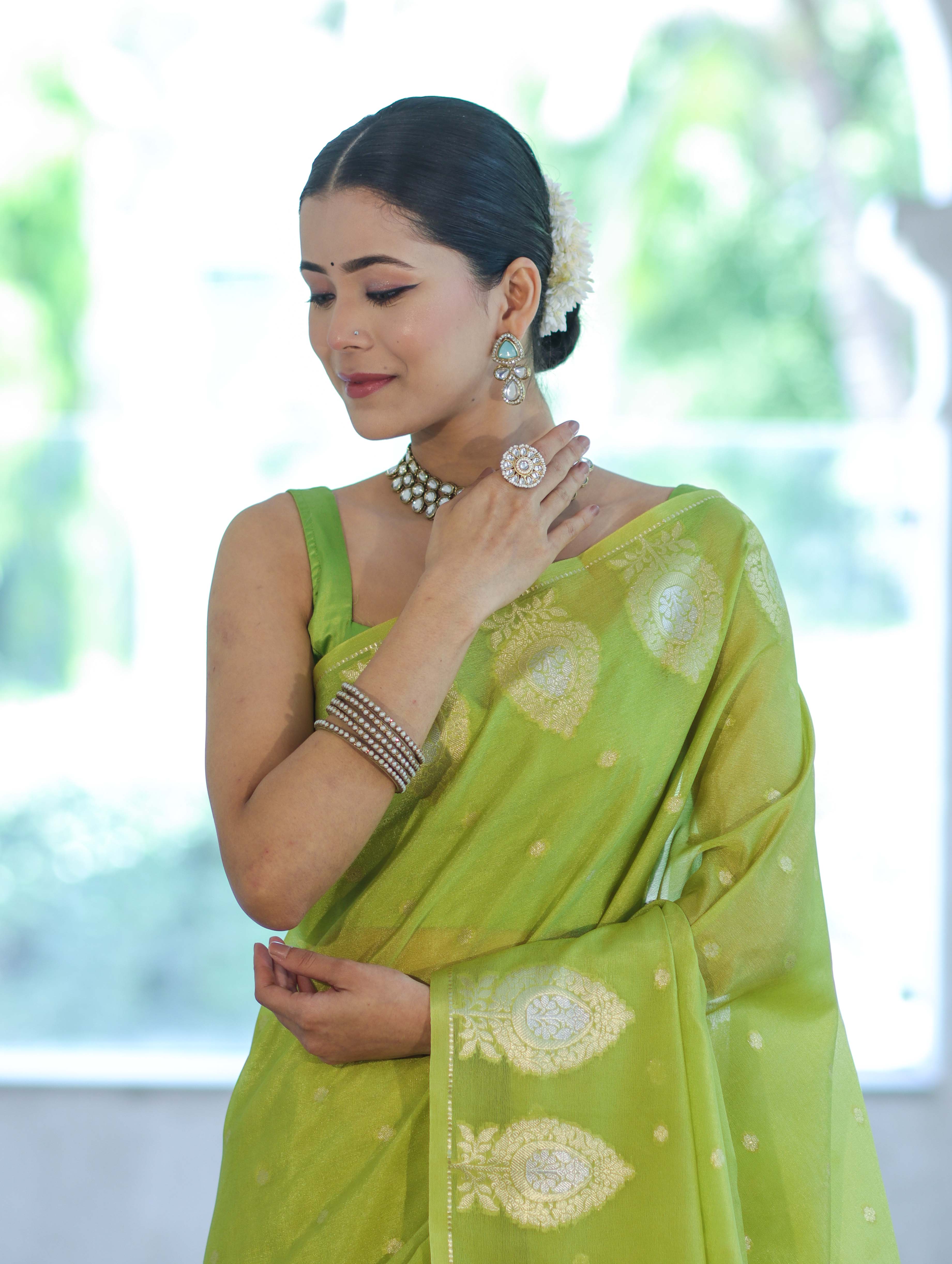 Banarasee Handloom Semi Silk Saree With Sona Rupa Zari Buti Design & Border-Light Green