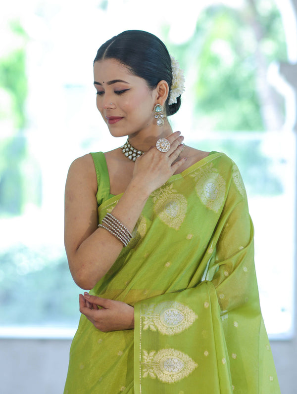 Banarasee Handloom Semi Silk Saree With Sona Rupa Zari Buti Design & Border-Light Green