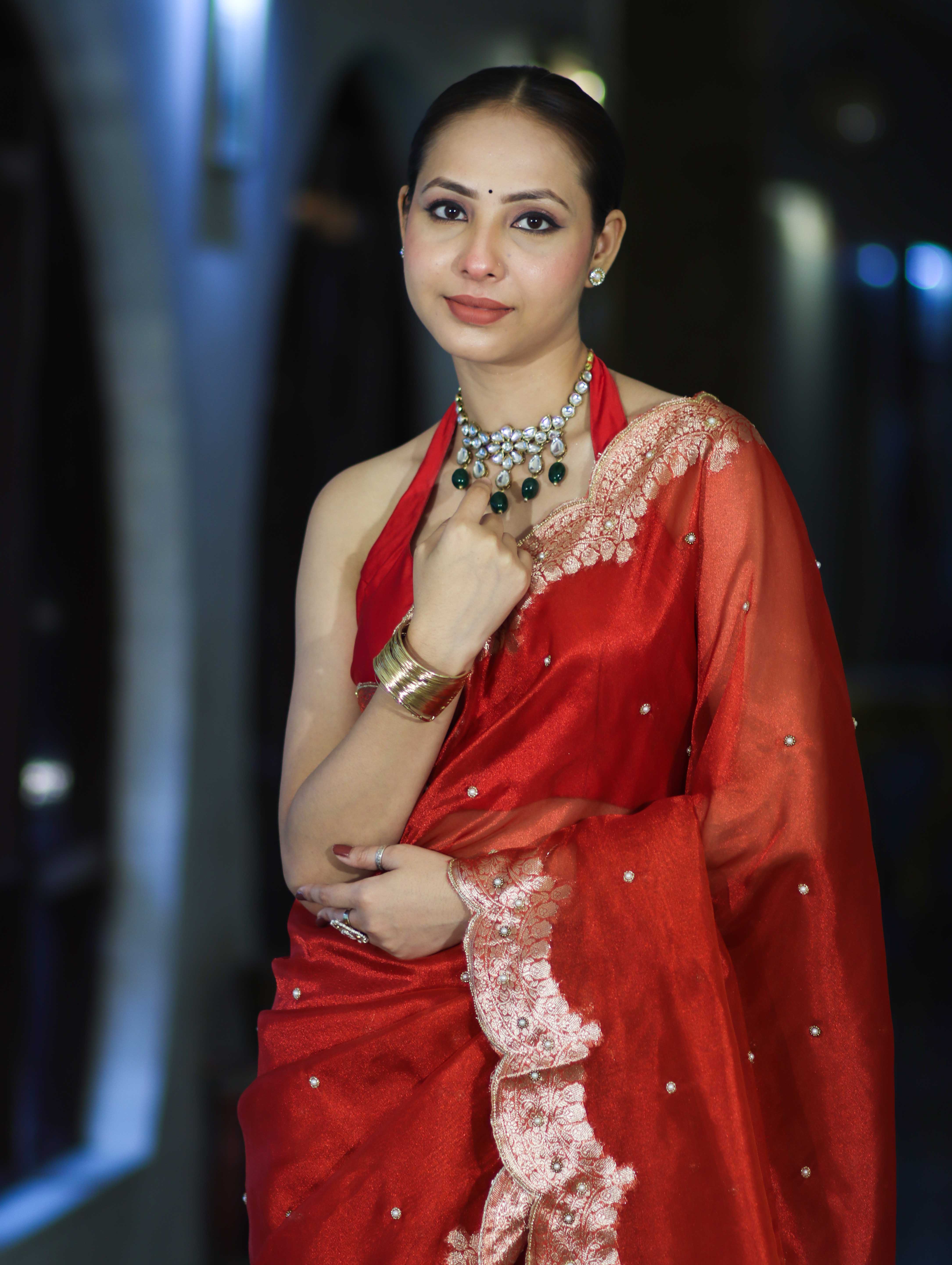 Banarasee Soft Tissue Saree With Handwork Pearl Motifs & Scallop Border-Red