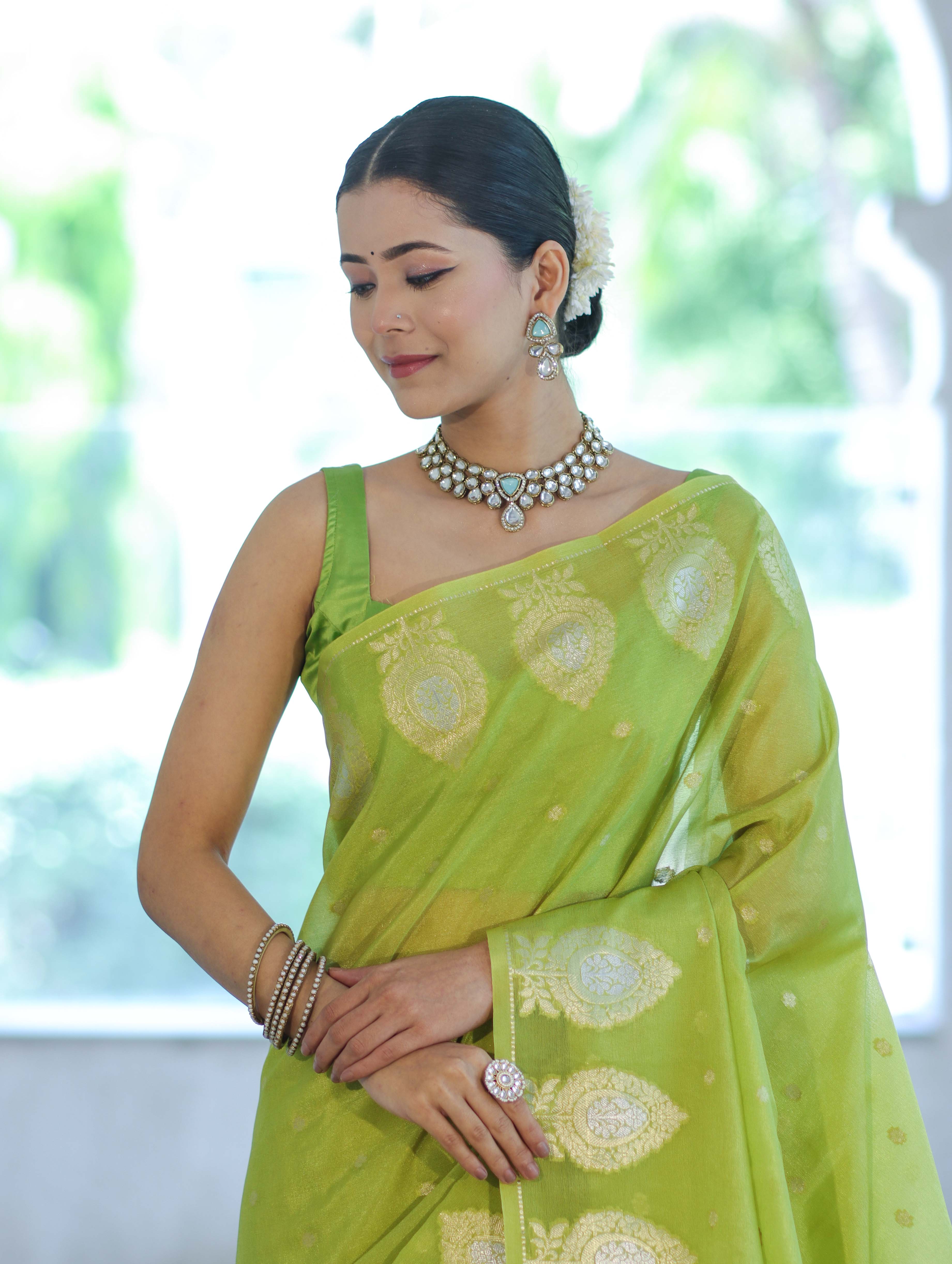 Banarasee Handloom Semi Silk Saree With Sona Rupa Zari Buti Design & Border-Light Green