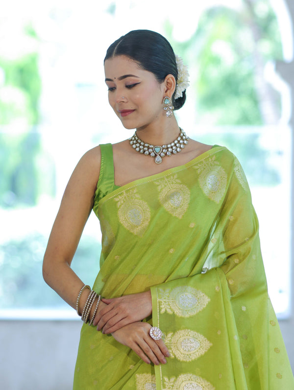 Banarasee Handloom Semi Silk Saree With Sona Rupa Zari Buti Design & Border-Light Green