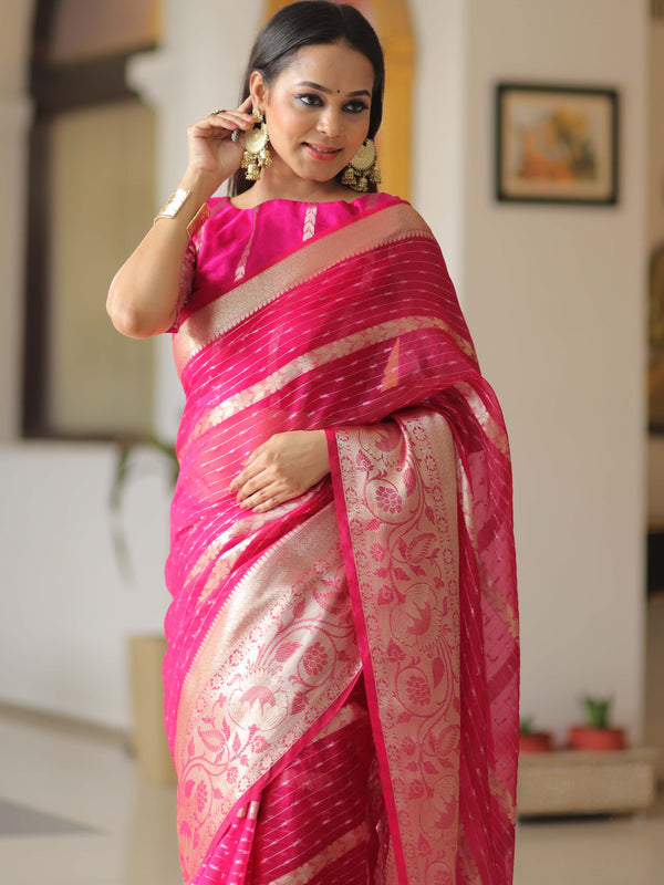 Banarasee Organza Mix Saree With Stripes Design & Broad Border-Pink