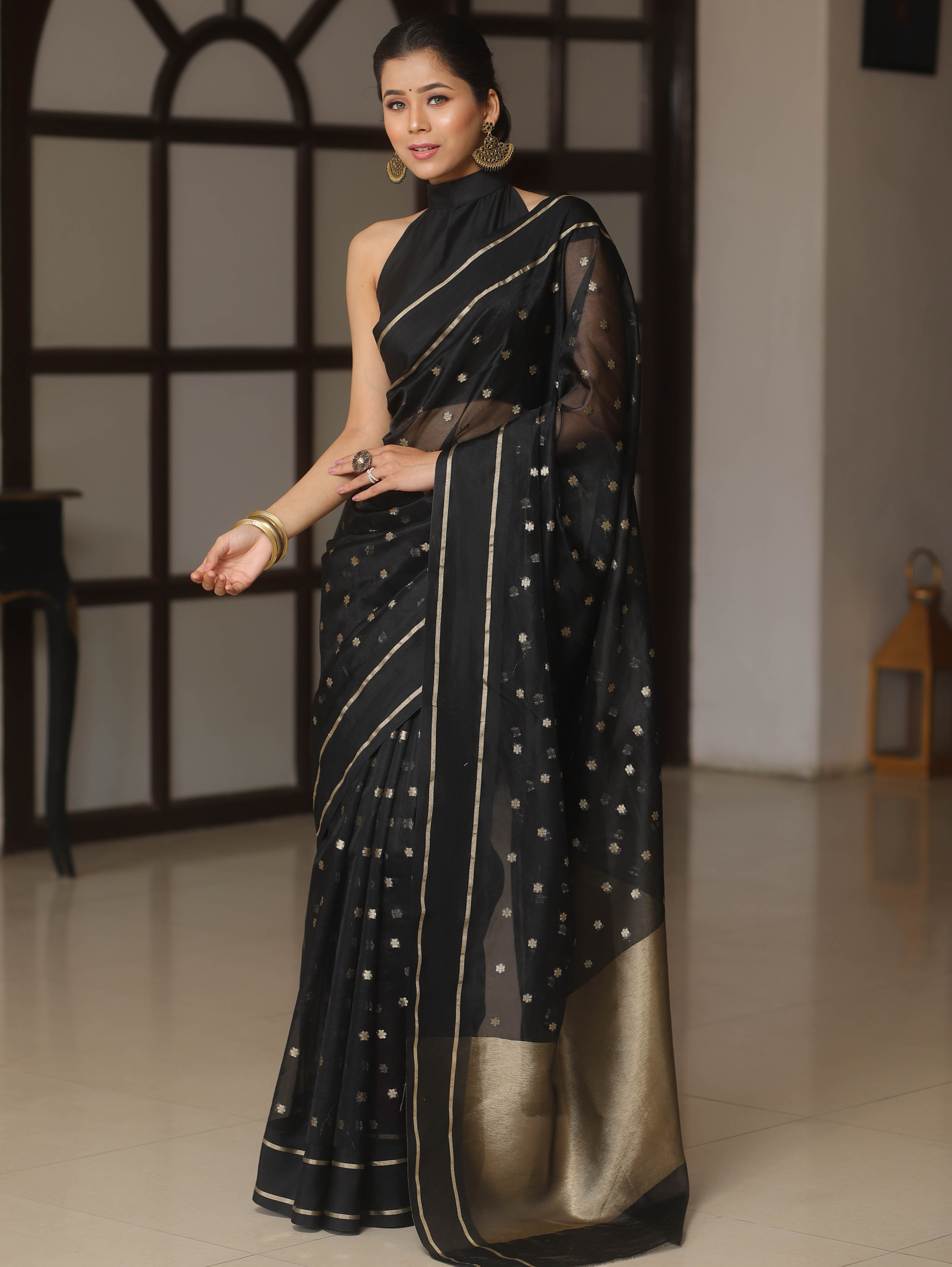 Banarasee Organza Saree With Zari Buti & Satin Border-Black