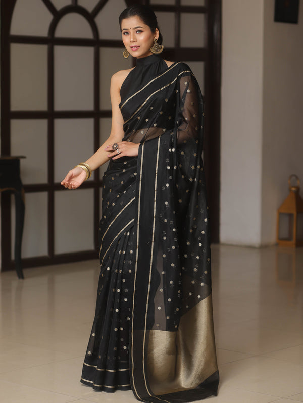 Banarasee Organza Saree With Zari Buti & Satin Border-Black