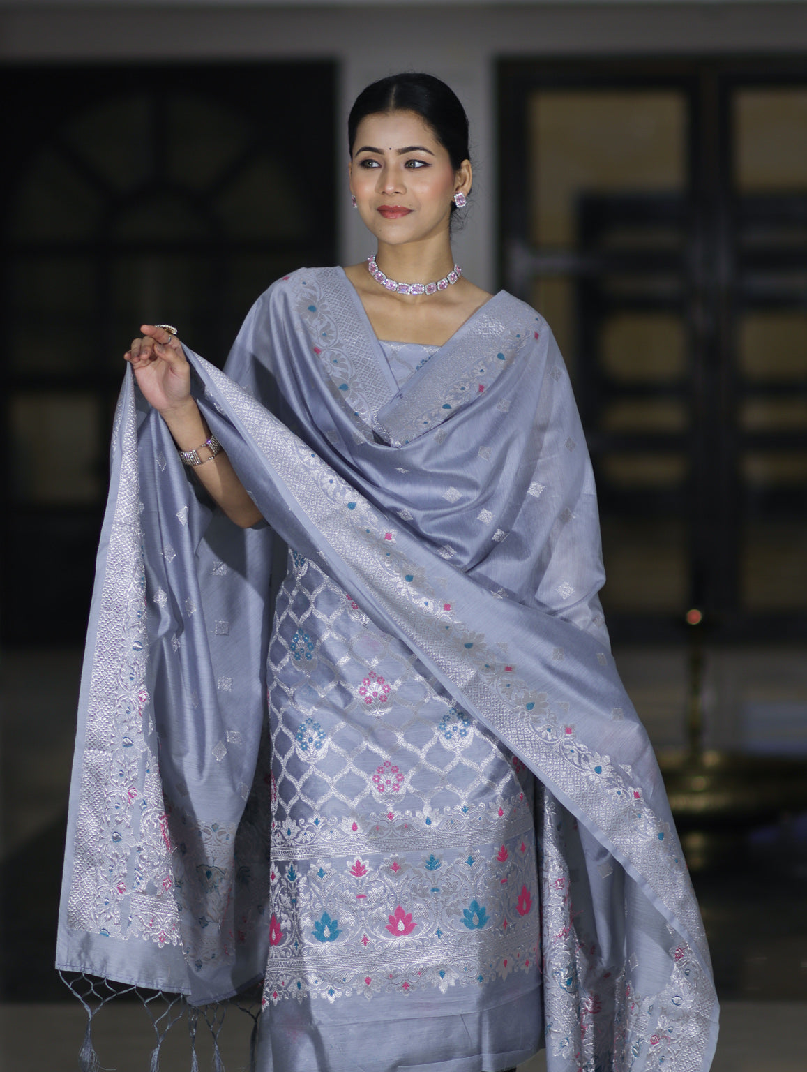 Banarasee Semi-Silk Silver Zari Work Salwar Kameez Fabric With Dupatta Set-Dusty Blue