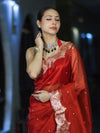 Banarasee Soft Tissue Saree With Handwork Pearl Motifs & Scallop Border-Red