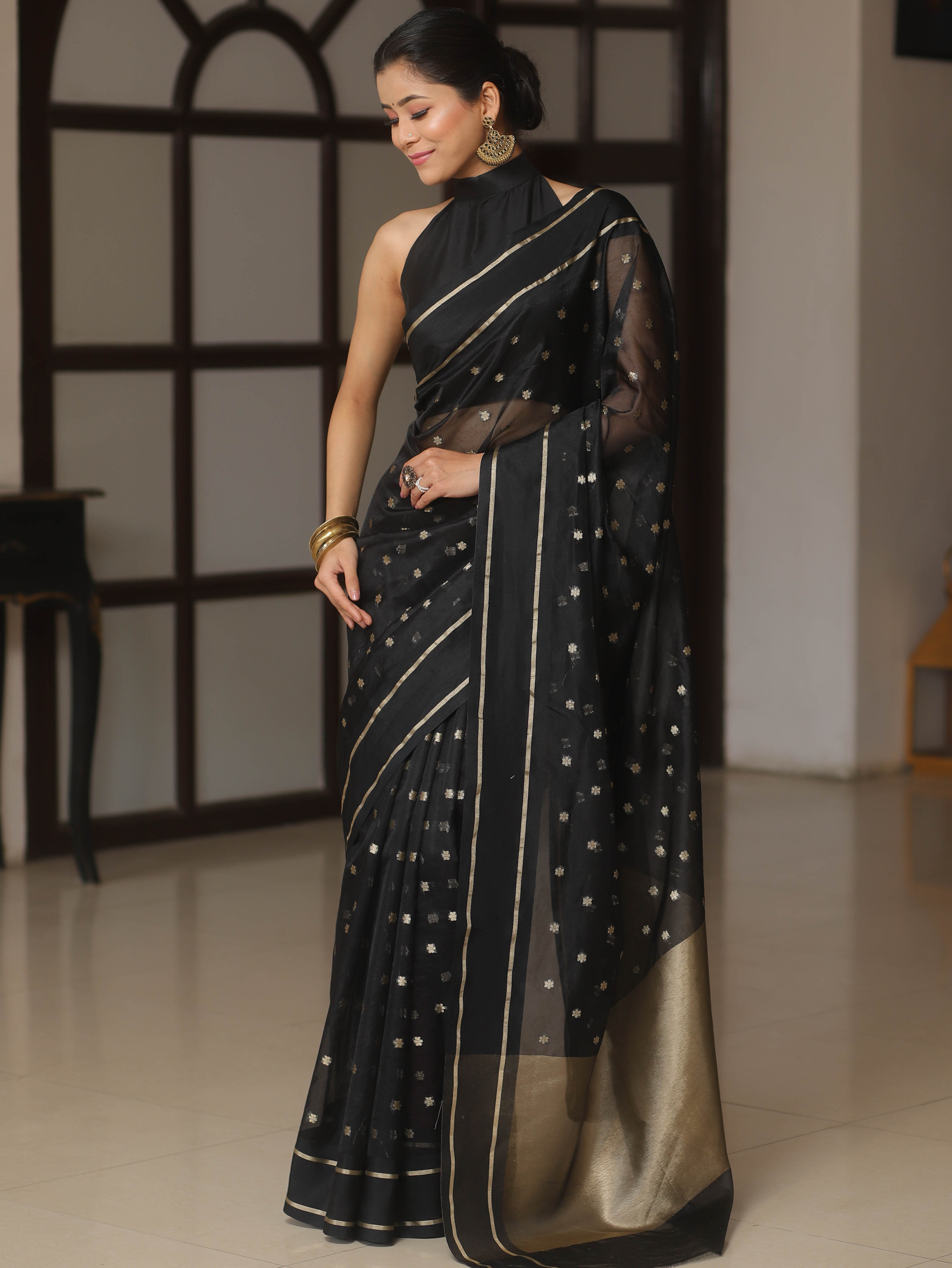 Banarasee Organza Saree With Zari Buti & Satin Border-Black
