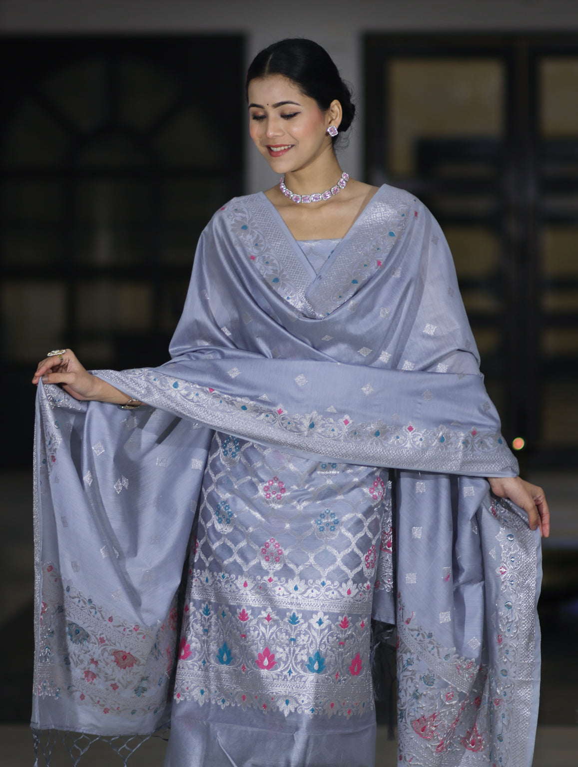 Banarasee Semi-Silk Silver Zari Work Salwar Kameez Fabric With Dupatta Set-Dusty Blue