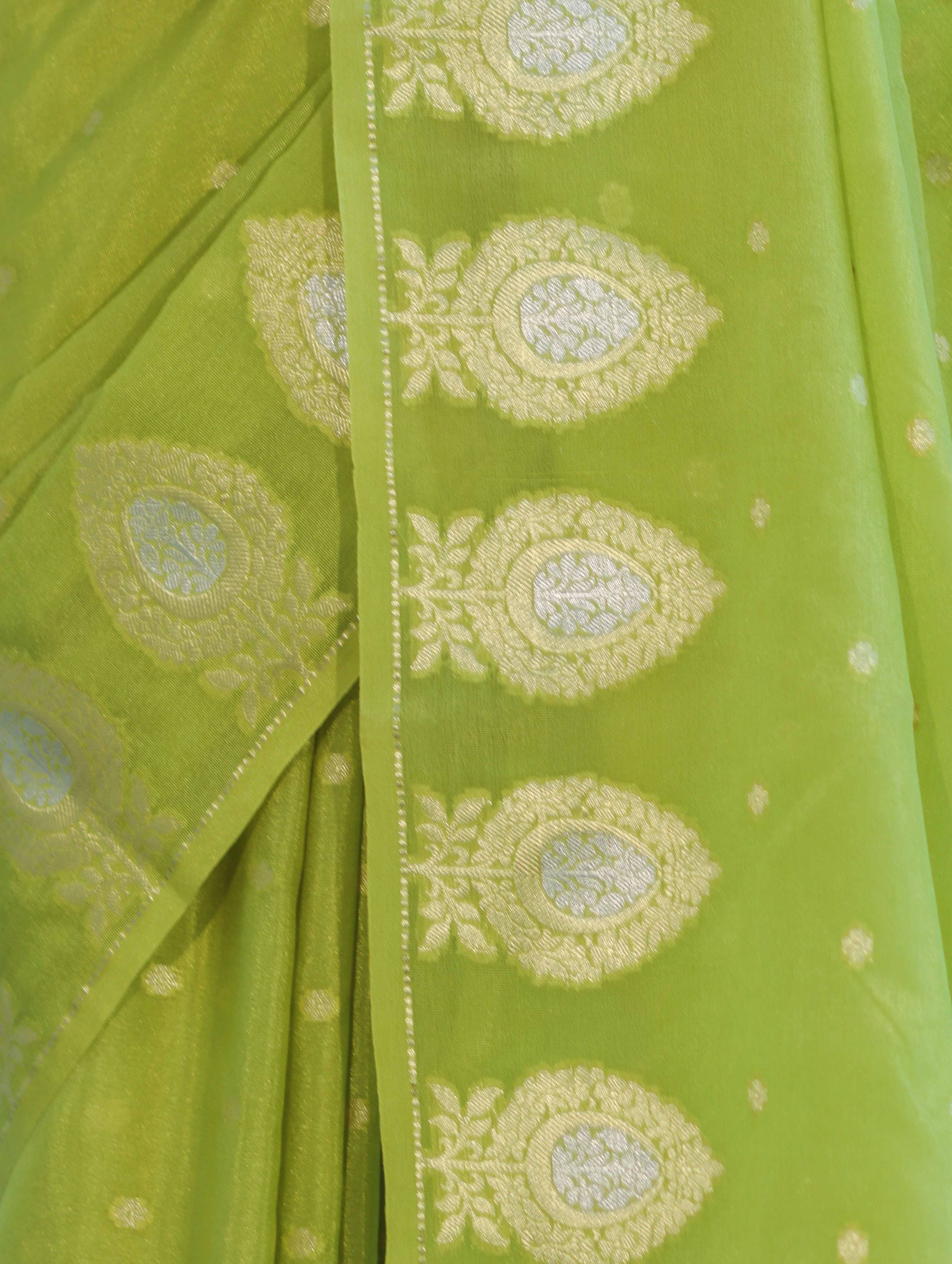 Banarasee Handloom Semi Silk Saree With Sona Rupa Zari Buti Design & Border-Light Green