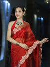 Banarasee Soft Tissue Saree With Handwork Pearl Motifs & Scallop Border-Red