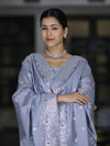 Banarasee Semi-Silk Silver Zari Work Salwar Kameez Fabric With Dupatta Set-Dusty Blue