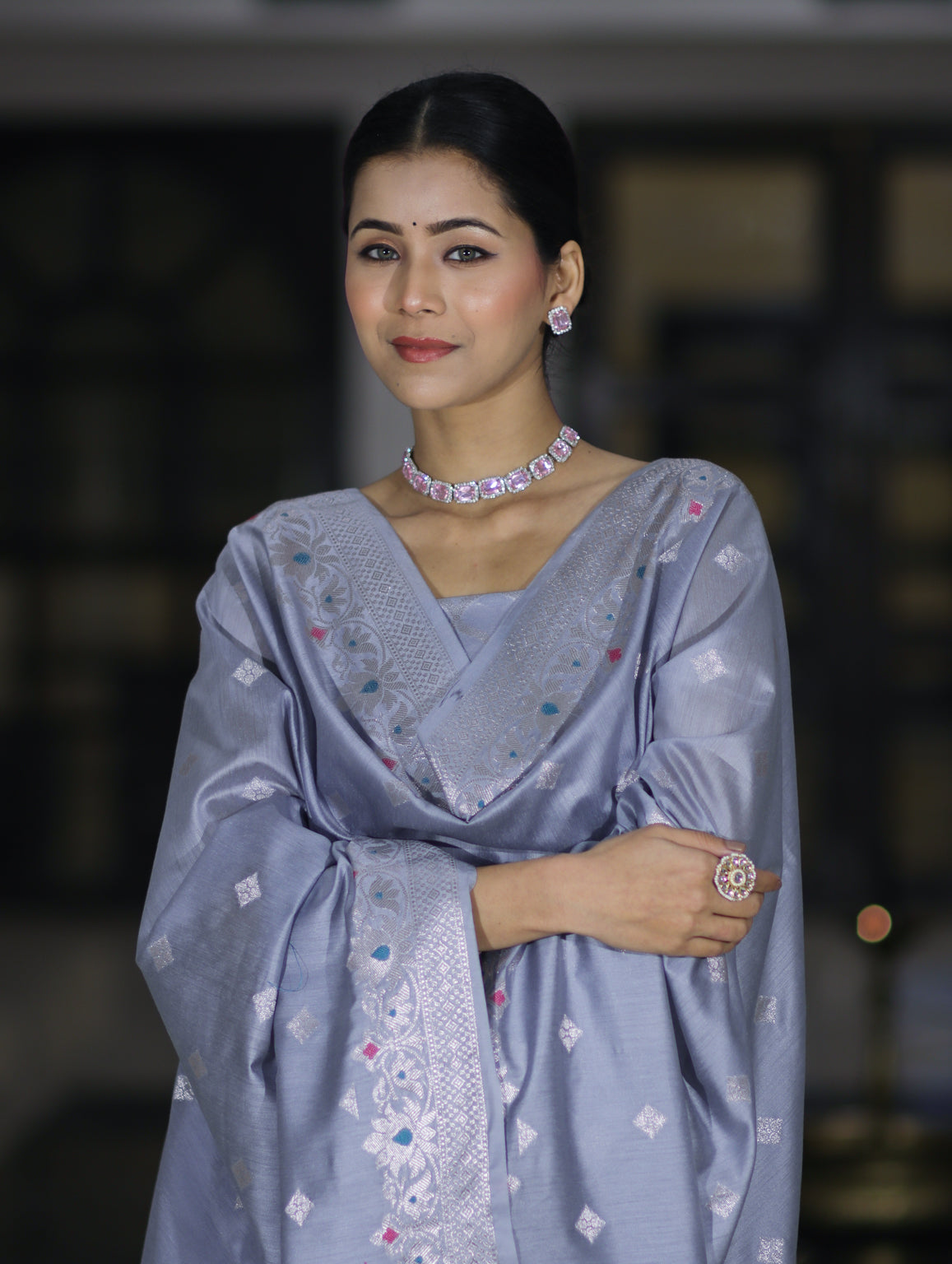 Banarasee Semi-Silk Silver Zari Work Salwar Kameez Fabric With Dupatta Set-Dusty Blue