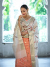 Banarasee Embroidered Cotton Salwar Kameez Fabric With Contrast Dupatta Set-Peach & Off White