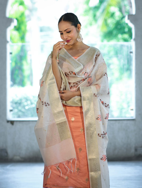 Banarasee Embroidered Cotton Salwar Kameez Fabric With Contrast Dupatta Set-Peach & Off White