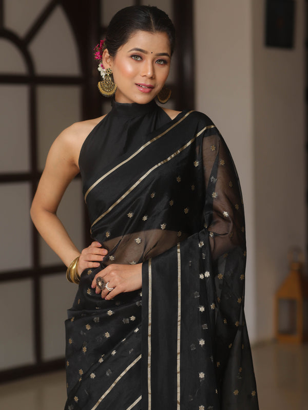 Banarasee Organza Saree With Zari Buti & Satin Border-Black