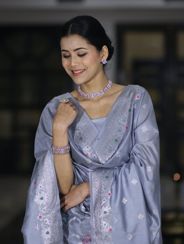 Banarasee Semi-Silk Silver Zari Work Salwar Kameez Fabric With Dupatta Set-Dusty Blue