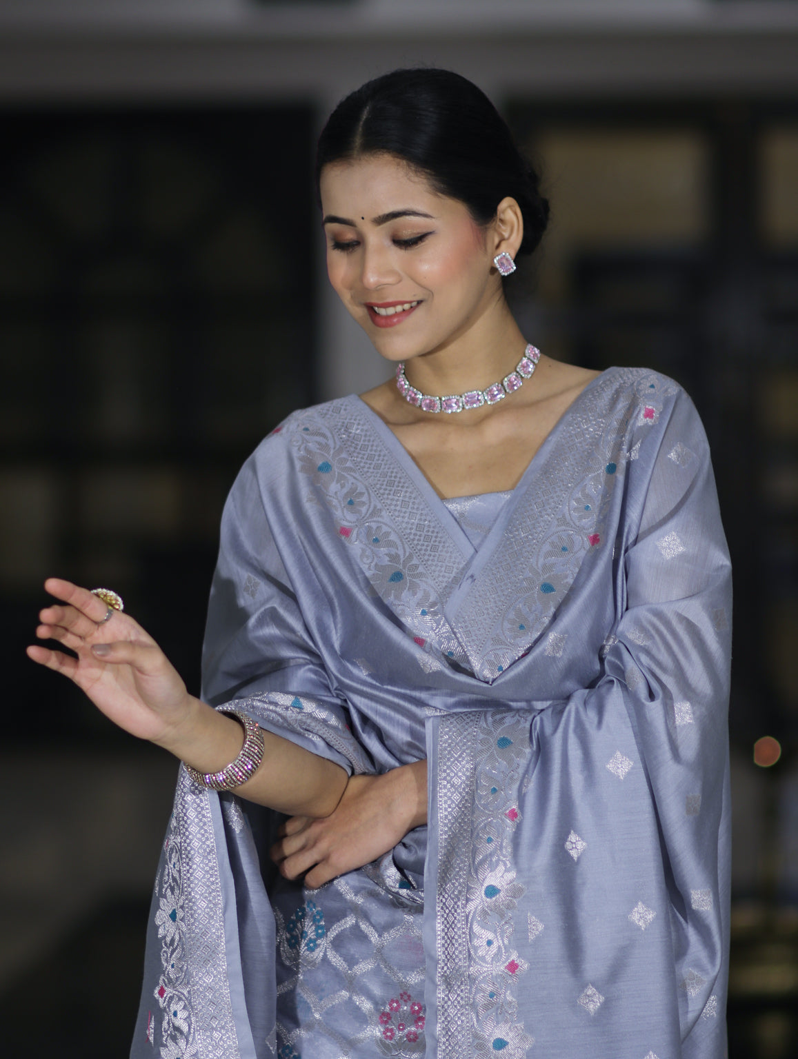 Banarasee Semi-Silk Silver Zari Work Salwar Kameez Fabric With Dupatta Set-Dusty Blue