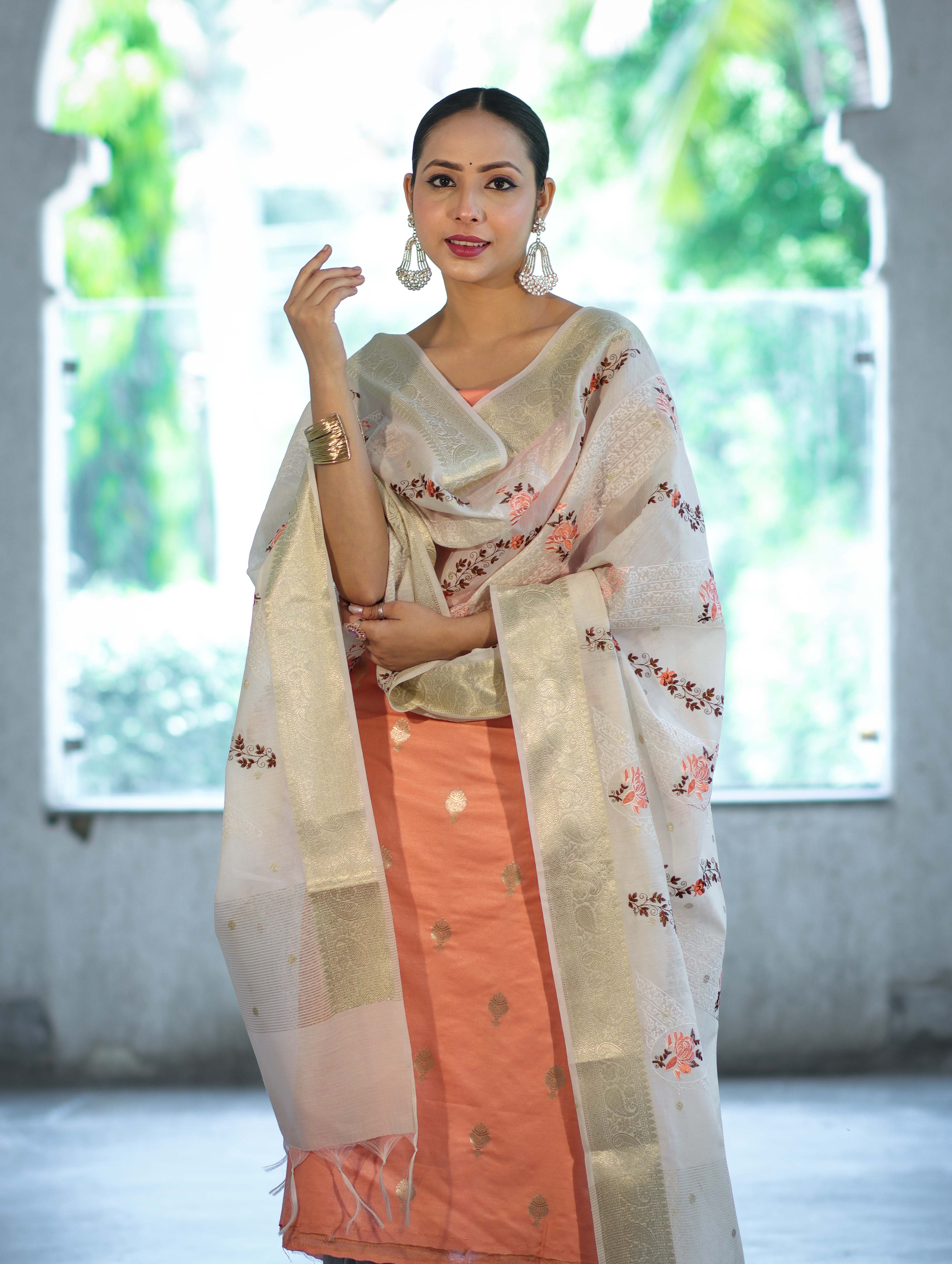 Banarasee Embroidered Cotton Salwar Kameez Fabric With Contrast Dupatta Set-Peach & Off White