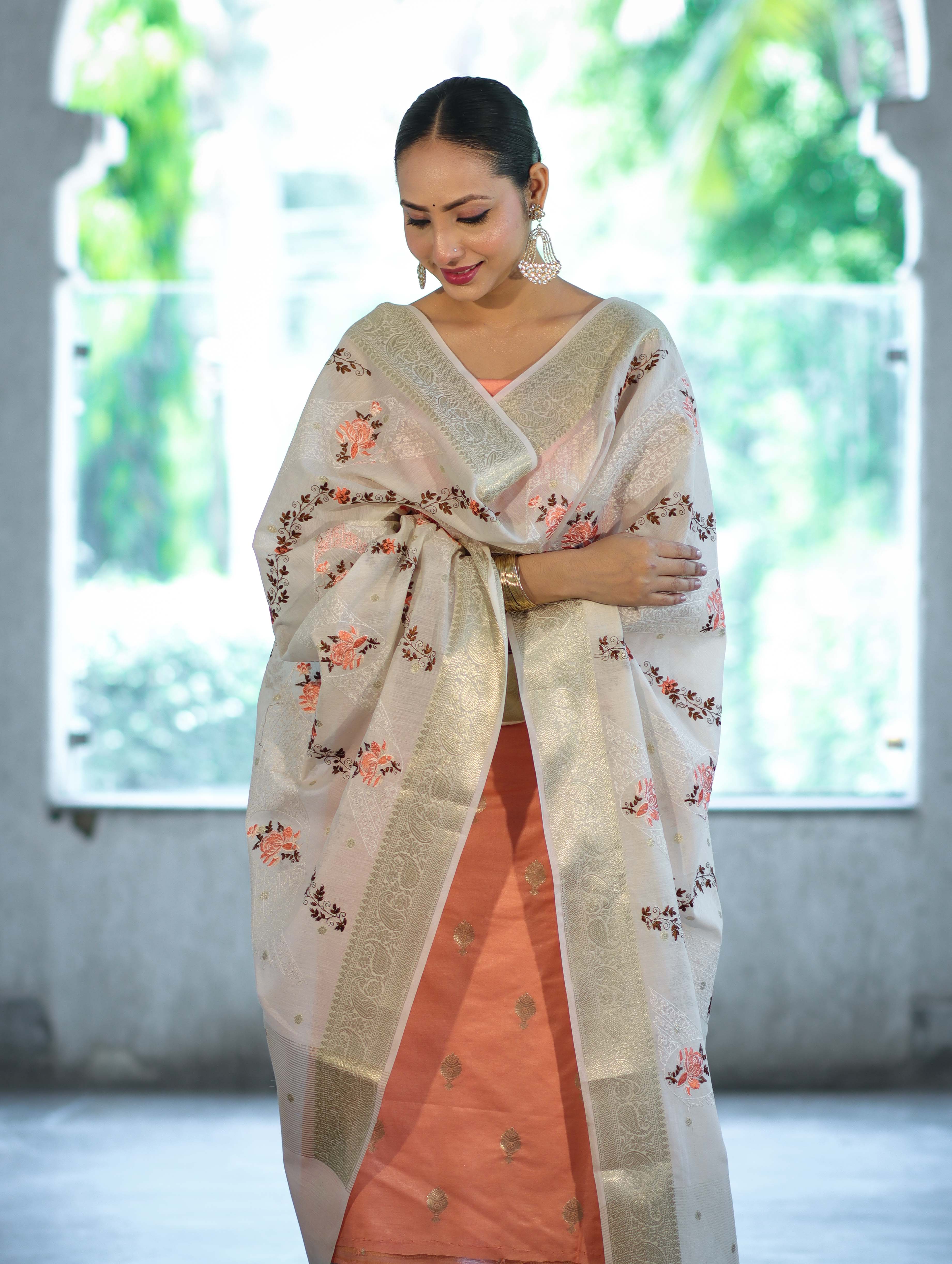 Banarasee Embroidered Cotton Salwar Kameez Fabric With Contrast Dupatta Set-Peach & Off White