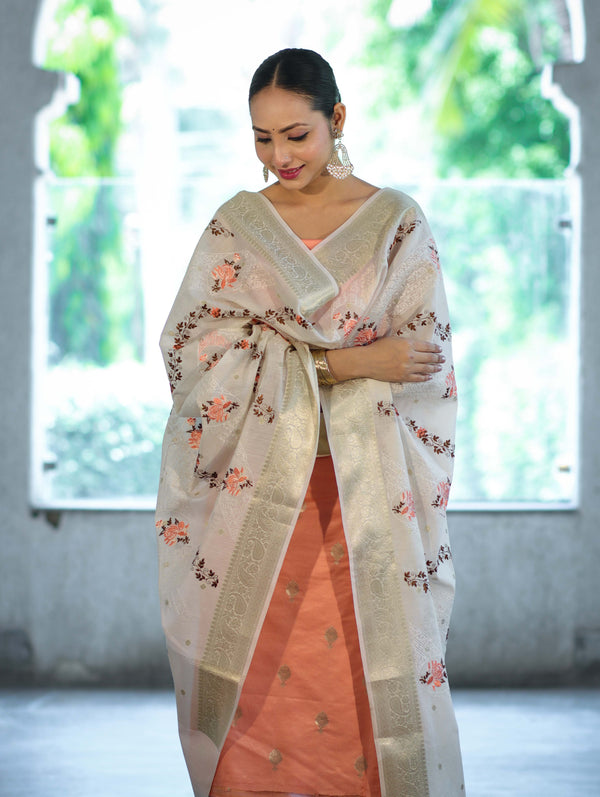 Banarasee Embroidered Cotton Salwar Kameez Fabric With Contrast Dupatta Set-Peach & Off White