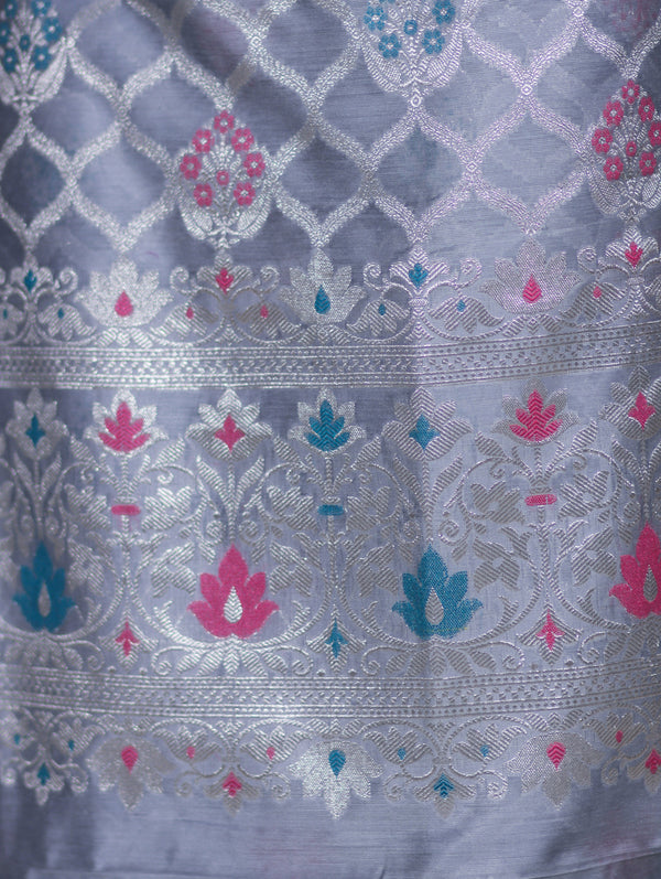 Banarasee Semi-Silk Silver Zari Work Salwar Kameez Fabric With Dupatta Set-Dusty Blue
