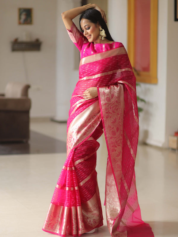 Banarasee Organza Mix Saree With Stripes Design & Broad Border-Pink