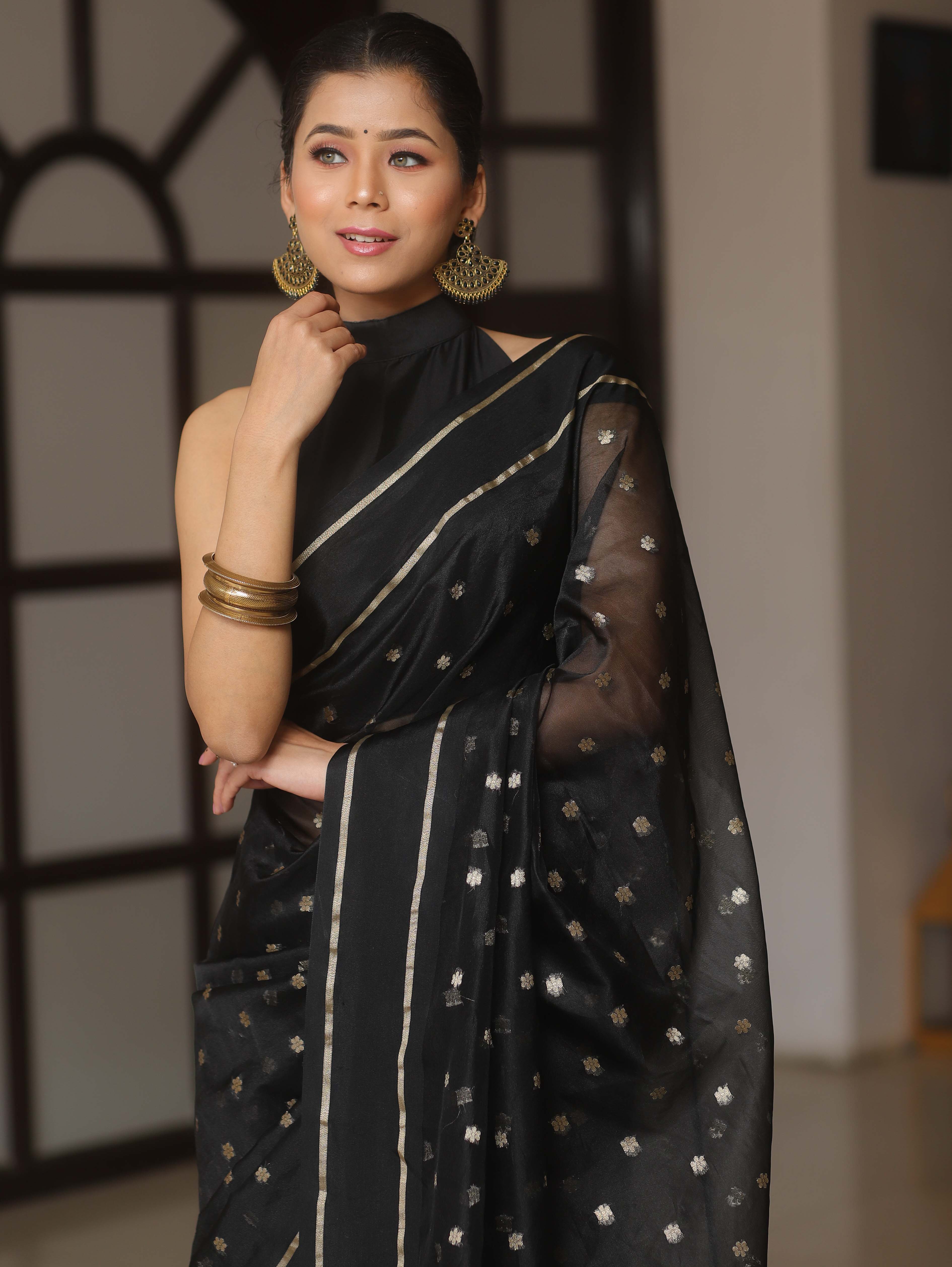 Banarasee Organza Saree With Zari Buti & Satin Border-Black