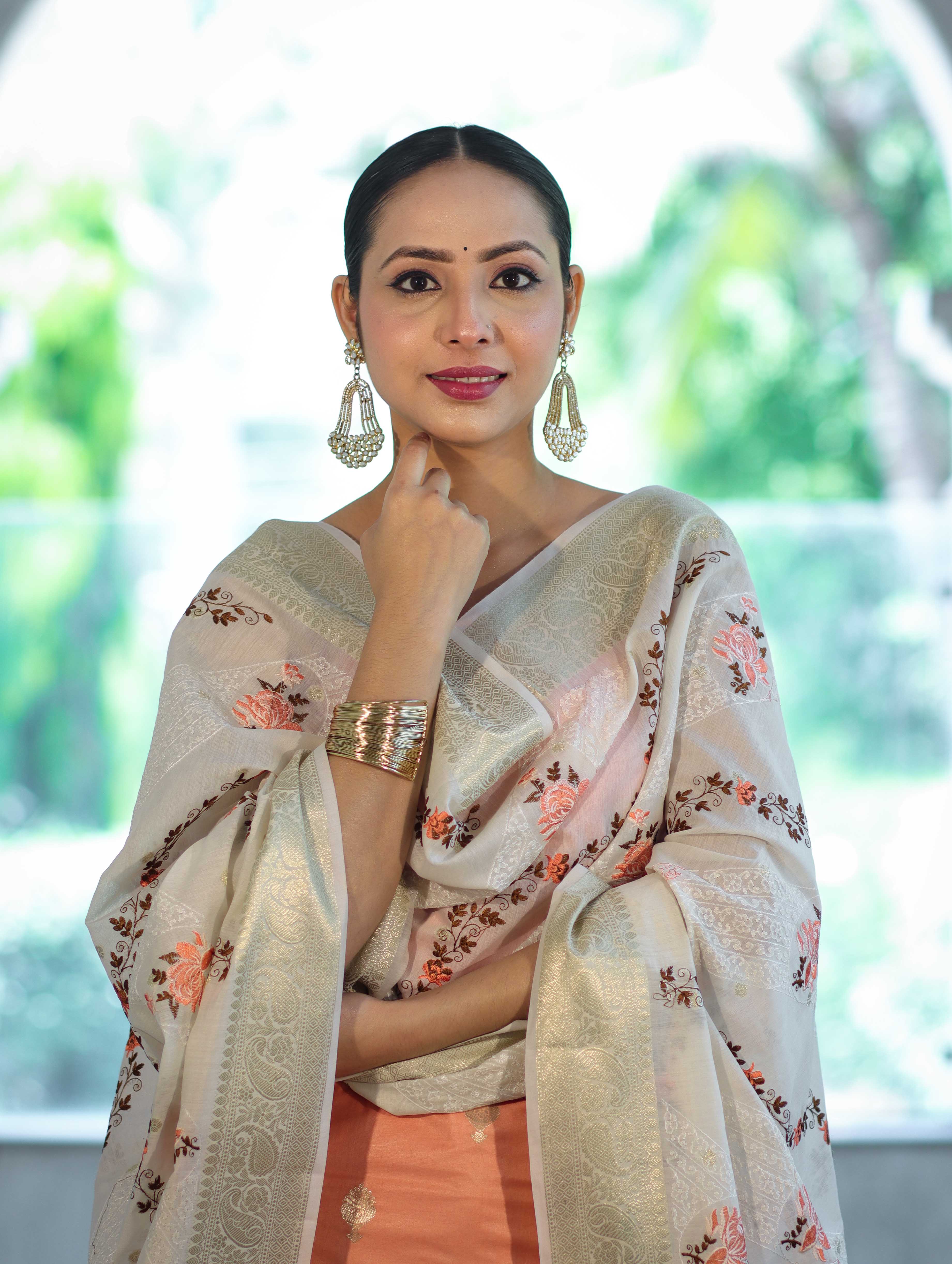 Banarasee Embroidered Cotton Salwar Kameez Fabric With Contrast Dupatta Set-Peach & Off White