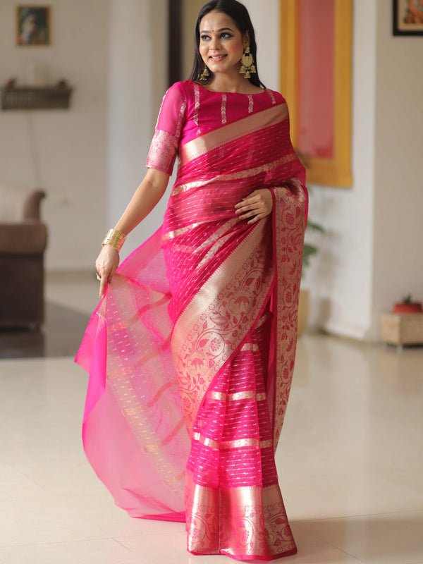Banarasee Organza Mix Saree With Stripes Design & Broad Border-Pink