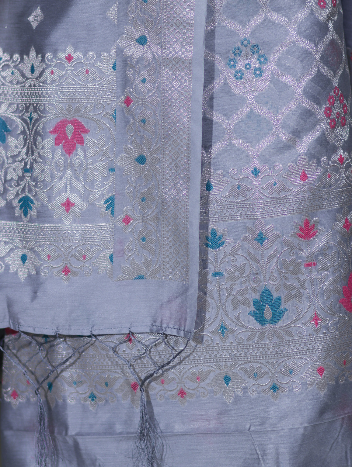 Banarasee Semi-Silk Silver Zari Work Salwar Kameez Fabric With Dupatta Set-Dusty Blue