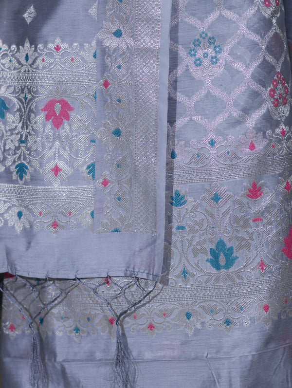 Banarasee Semi-Silk Silver Zari Work Salwar Kameez Fabric With Dupatta Set-Dusty Blue