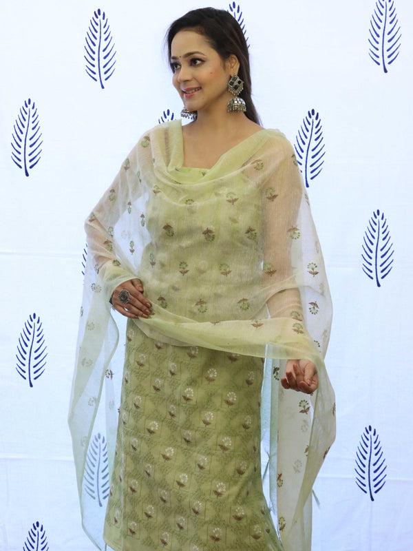 Banarasee Embroidered Chanderi Salwar Kameez With Kota Check Dupatta Set-Light Green