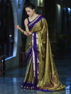 Banarasee Handloom Tissue Saree With Buti Design & Contrast Satin Border-Olive Green & Violet