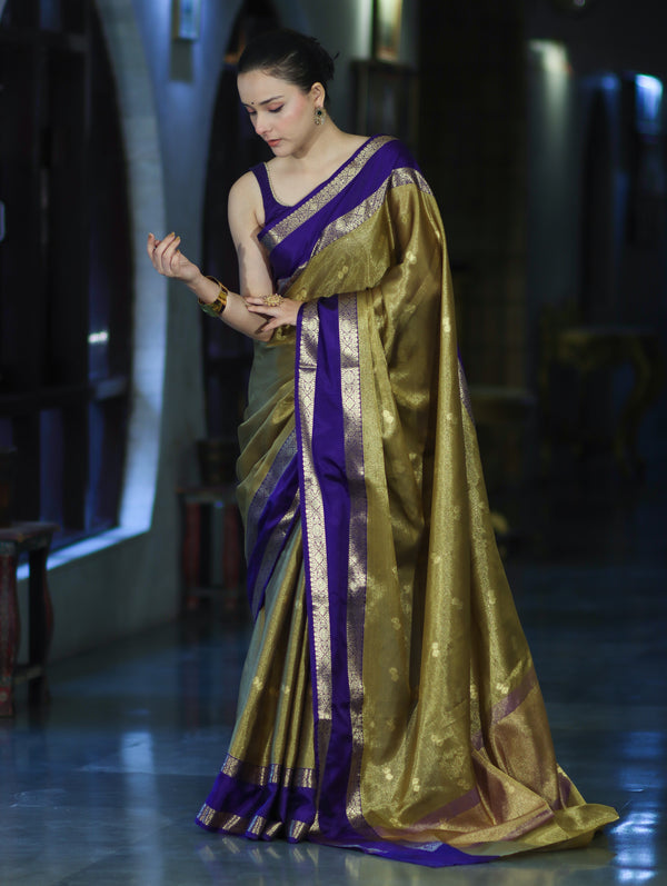 Banarasee Handloom Tissue Saree With Buti Design & Contrast Satin Border-Olive Green & Violet