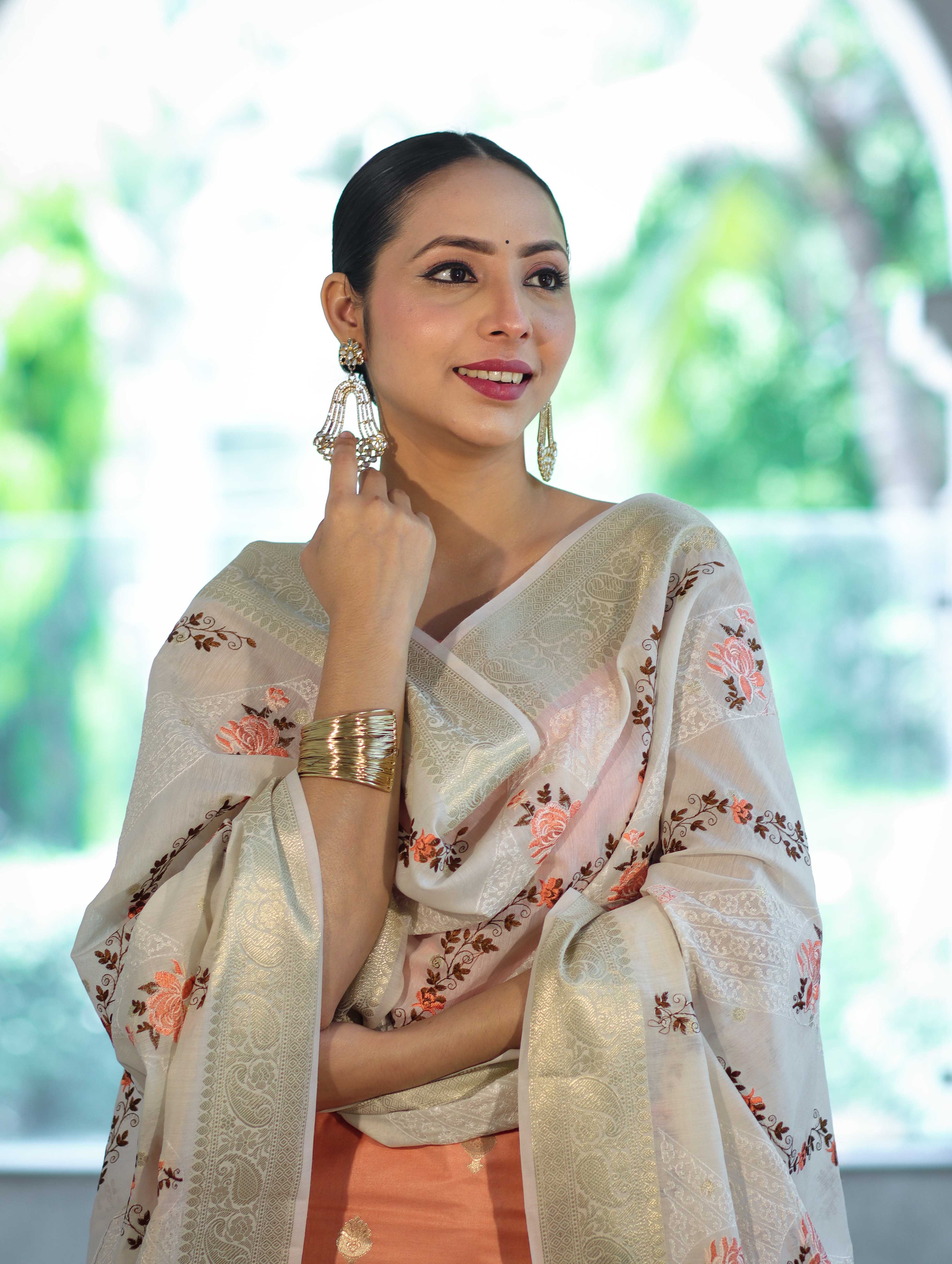 Banarasee Embroidered Cotton Salwar Kameez Fabric With Contrast Dupatta Set-Peach & Off White