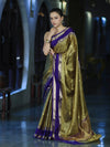 Banarasee Handloom Tissue Saree With Buti Design & Contrast Satin Border-Olive Green & Violet