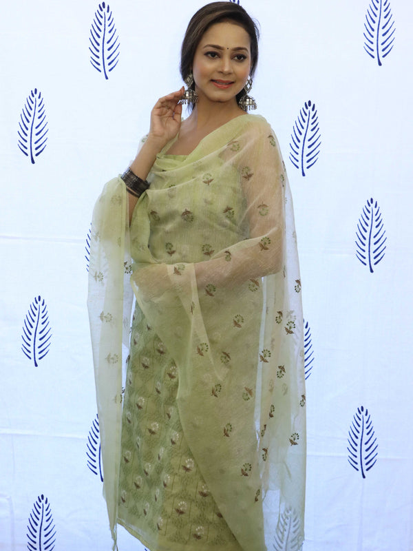 Banarasee Embroidered Chanderi Salwar Kameez With Kota Check Dupatta Set-Light Green
