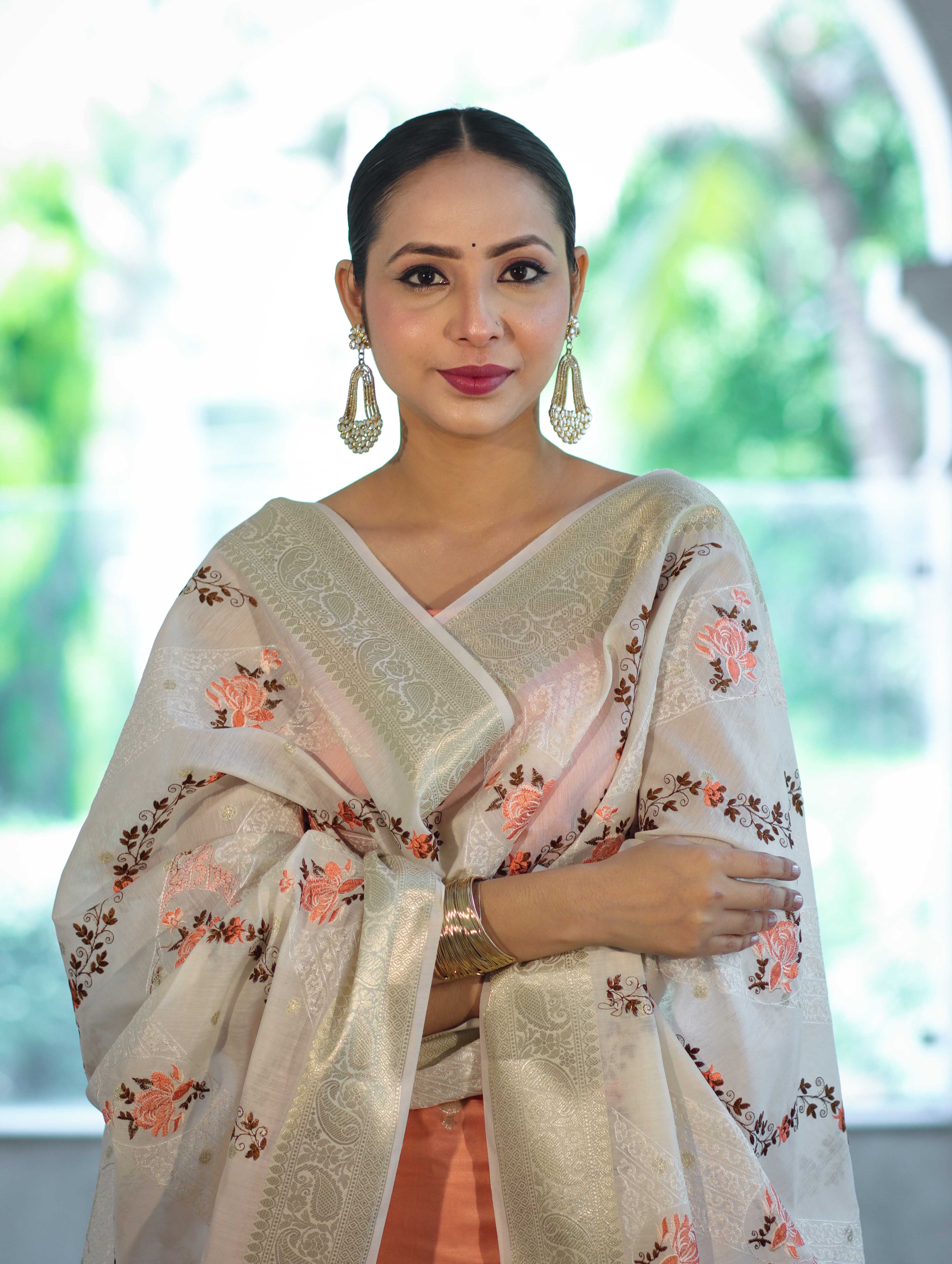 Banarasee Embroidered Cotton Salwar Kameez Fabric With Contrast Dupatta Set-Peach & Off White