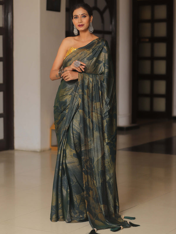 Banarasee Abstract Print Tissue Saree With Contrast Embroidered Blouse-Green