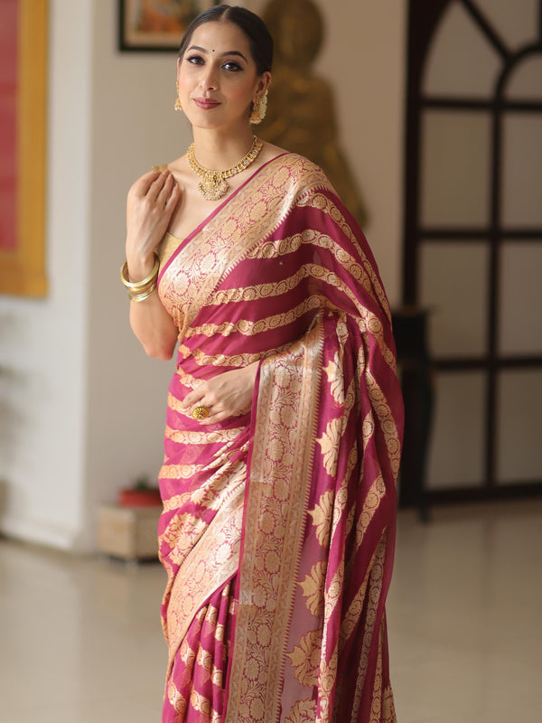 Banarasee Pure Chiffon Silk Saree With Antique Zari Work & Contrast Blouse-Deep Pink