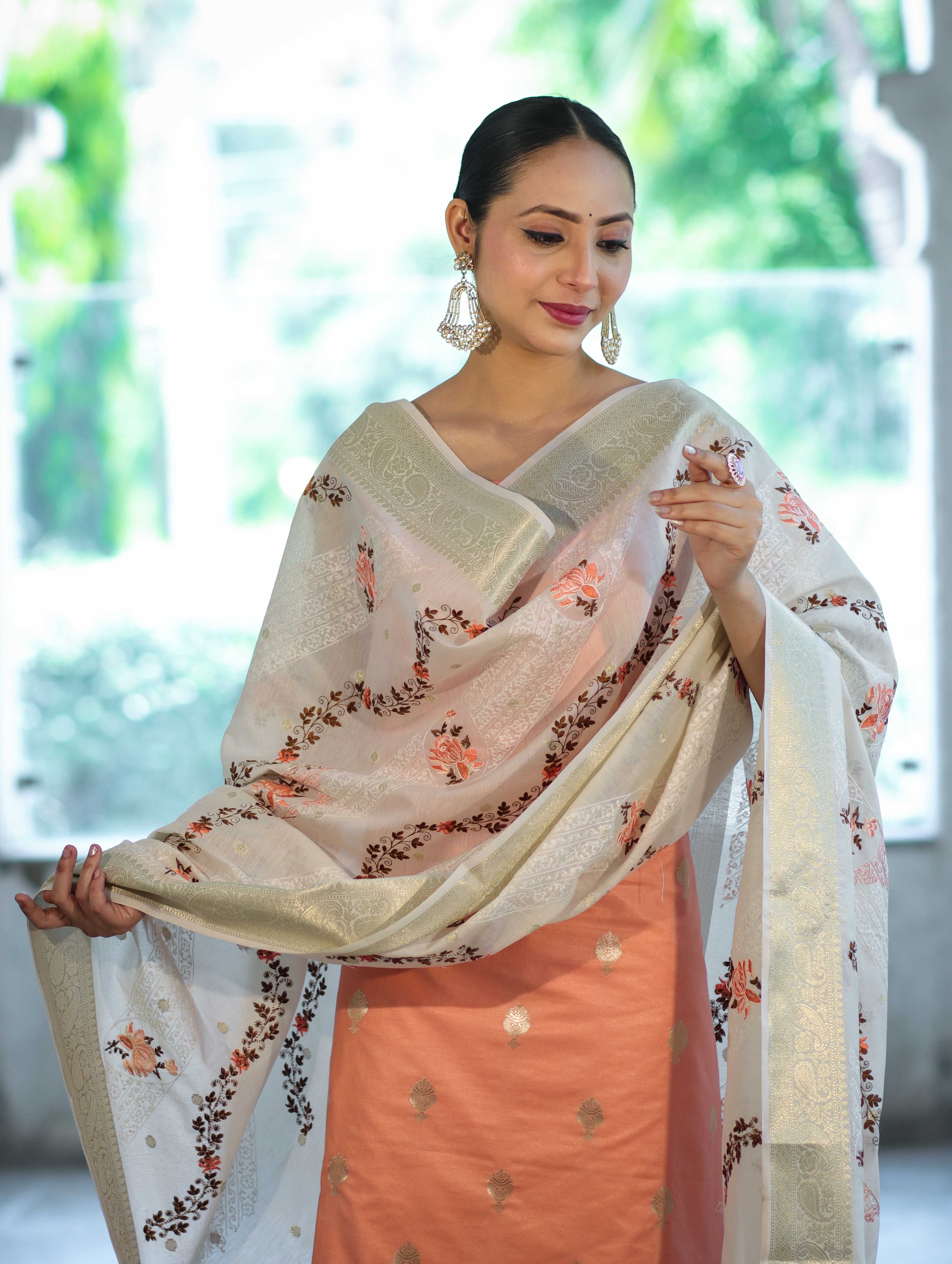 Banarasee Embroidered Cotton Salwar Kameez Fabric With Contrast Dupatta Set-Peach & Off White