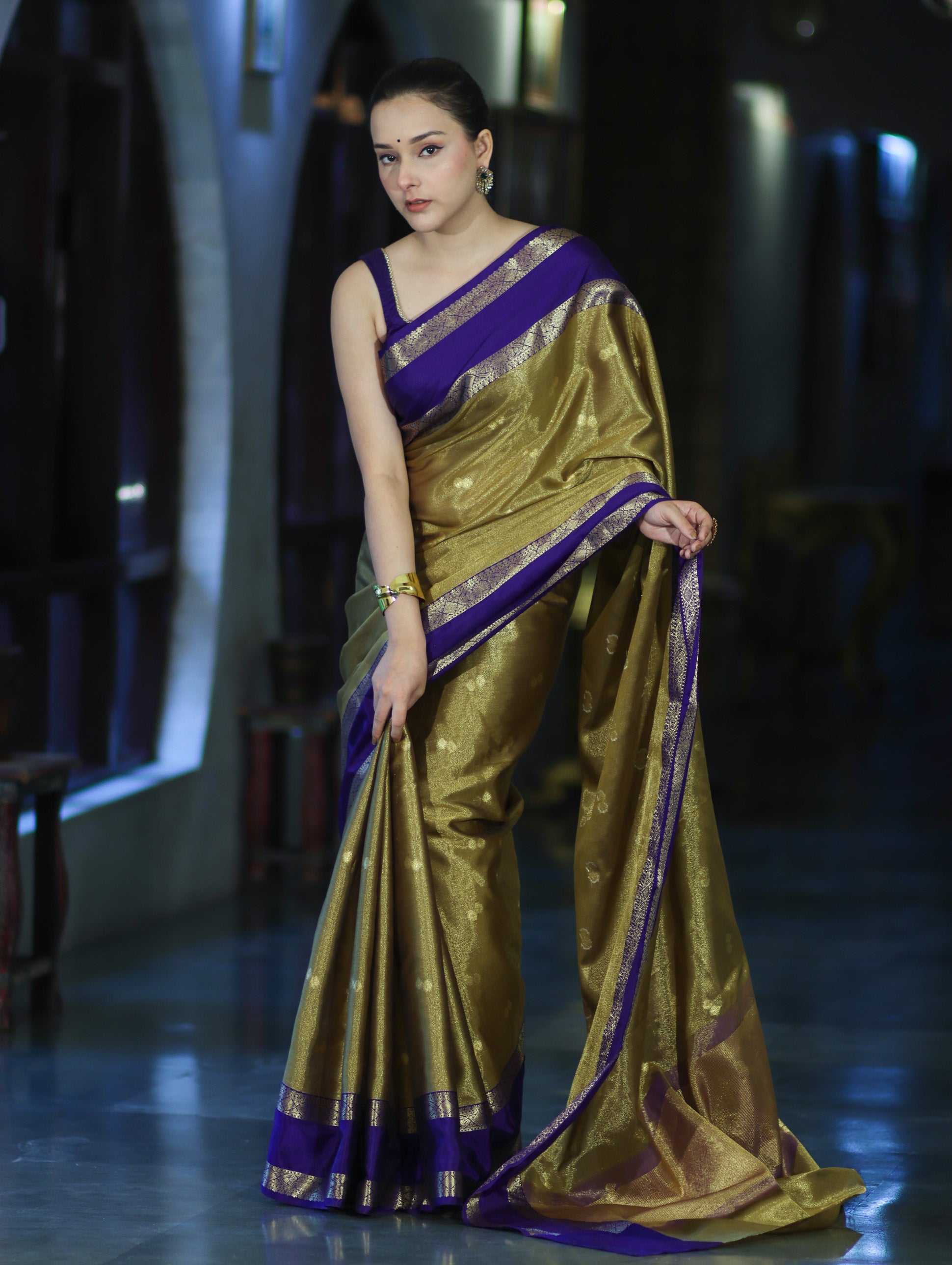 Banarasee Handloom Tissue Saree With Buti Design & Contrast Satin Border-Olive Green & Violet