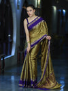 Banarasee Handloom Tissue Saree With Buti Design & Contrast Satin Border-Olive Green & Violet
