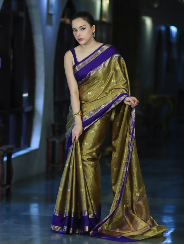 Banarasee Handloom Tissue Saree With Buti Design & Contrast Satin Border-Olive Green & Violet