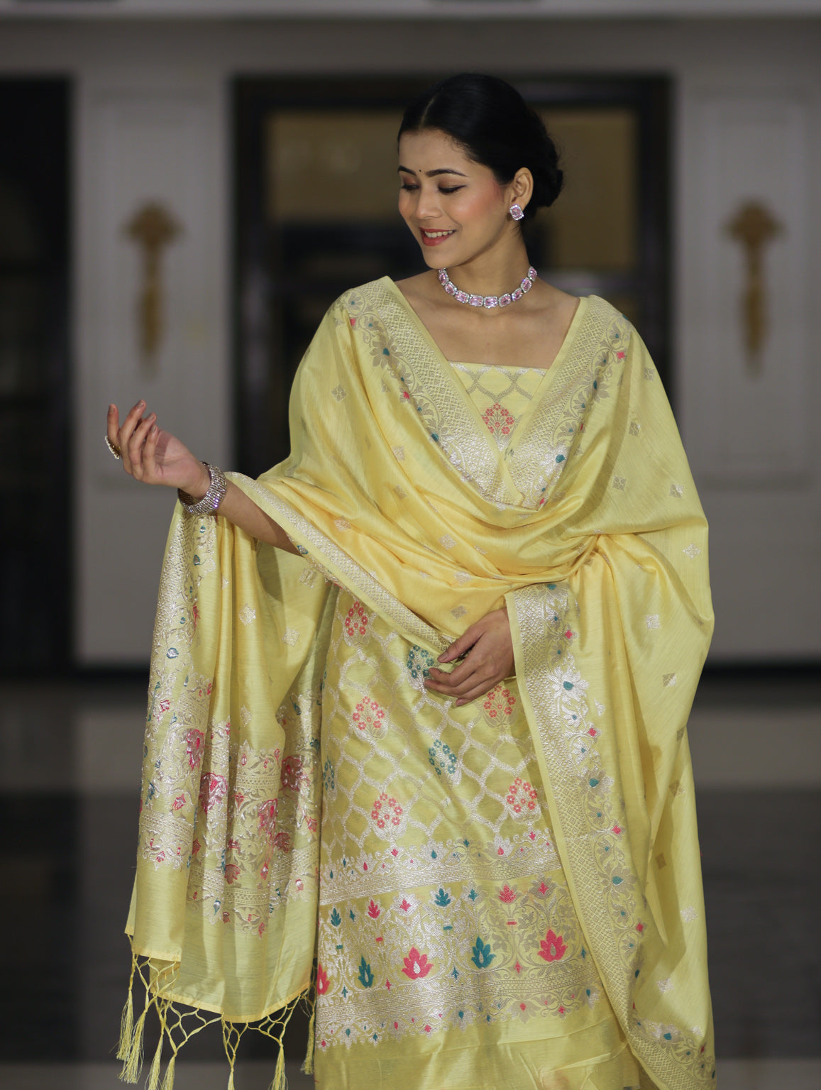 Banarasee Semi-Silk Silver Zari Work Salwar Kameez Fabric With Dupatta Set-Light Yellow