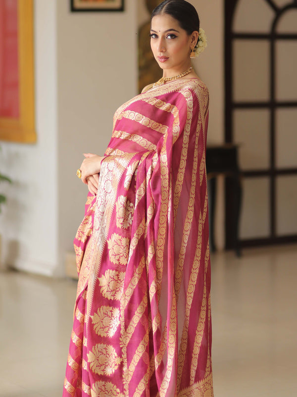 Banarasee Pure Chiffon Silk Saree With Antique Zari Work & Contrast Blouse-Deep Pink